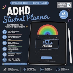 Dark Mode Digital Planner GoodNotes, ADHD Student Planner Charcoal Rainbow Tabs, Night Study iPad PDF, Color Coded Subjects, Brain Dump