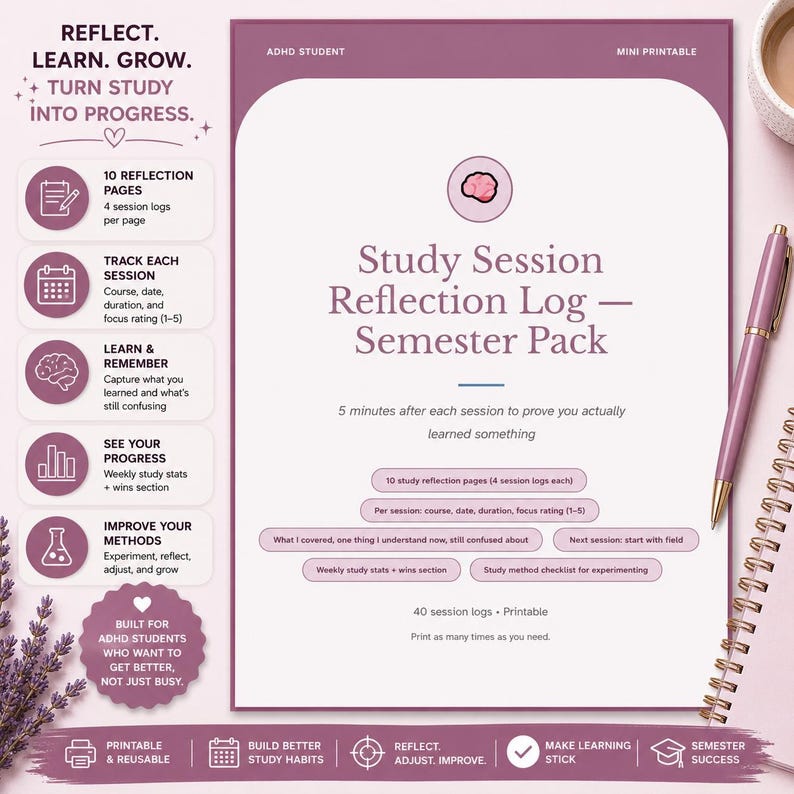 May include: A printable study session reflection log for ADHD students. The design is white and purple, with text that reads "Study Session Reflection Log - Semester Pack." Includes sections for tracking sessions, learning, and improving study methods.