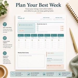 May include: A white weekly planner with the text "Plan Your Best Week" and sections for "Should-dos," "Weekly Brain Dump," and "Reflection." Includes icons for focus, energy, and reflection. A gold pen and spiral notebook are in the background.