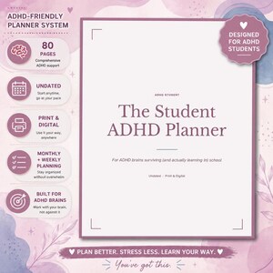 Może przedstawiać: Biało-fioletowy planer dla studentów z ADHD zatytułowany "The Student ADHD Planner". Planer zawiera sekcje do planowania miesięcznego i tygodniowego, jest niedatowany i oferuje 80 stron kompleksowego wsparcia ADHD. Projekt zawiera ikony i tekst.