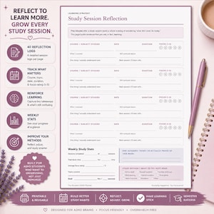 May include: A study session reflection sheet with prompts for course, date, duration, and focus. Includes sections for weekly stats and study methods. Designed for ADHD brains to help with learning and semester success.