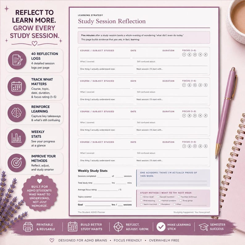 May include: A study session reflection sheet with prompts for course, date, duration, and focus. Includes sections for weekly stats and study methods. Designed for ADHD brains to help with learning and semester success.