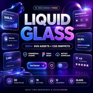 Liquid Glass UI Pack 2026 - 200+ SVG-Assets, CCS-Effekte & -Komponenten | Glasmorphismus Design Kit