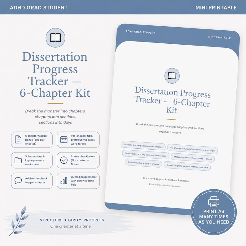 Op de afbeelding: Een mini-afdrukbare proefschriftvoortgangstrackerkit met een blauw en wit ontwerp. De kit bevat 6 hoofdstuktrackerpagina's, subsecties, statusvakjes en een algemene voortgangsbalk. De tekst op de afbeelding luidt: "Print zo vaak als je nodig hebt."