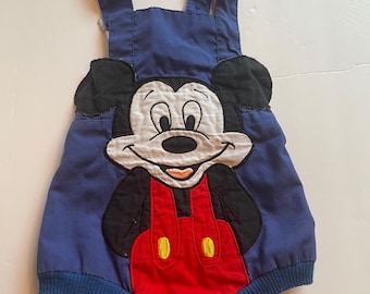 Vintage Mickey Mouse Baby Romper 6–9 Months Disney Wear Bubble Overalls 80s-90s Applique Infant Outfit Retro Disney Baby Clothes