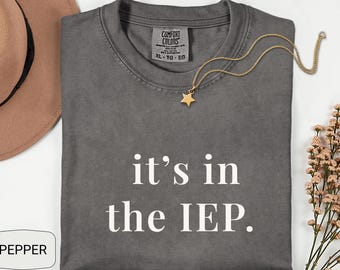 May include: A charcoal gray crew neck t-shirt with the white text "it's in the IEP." printed on the front. The shirt features a Comfort Colors brand label at the inner neckline indicating size XL. A gold-toned star pendant necklace rests on the fabric.