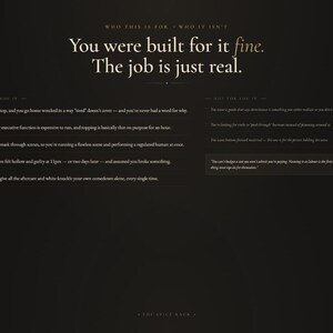 May include: A black informational graphic with white text titled Who This Is For - Who It Isn't. The main text reads: You were built for it fine. The job is just real. It lists five points under For You Is and three points under Not For You Is.