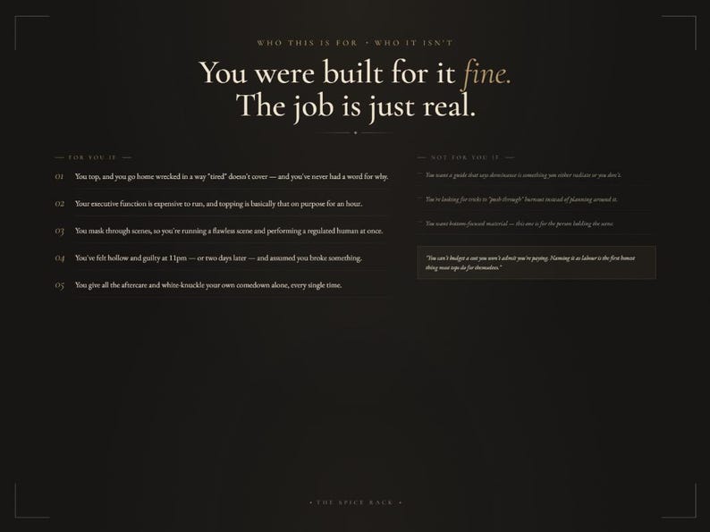 May include: A black informational graphic with white text titled Who This Is For - Who It Isn't. The main text reads: You were built for it fine. The job is just real. It lists five points under For You Is and three points under Not For You Is.