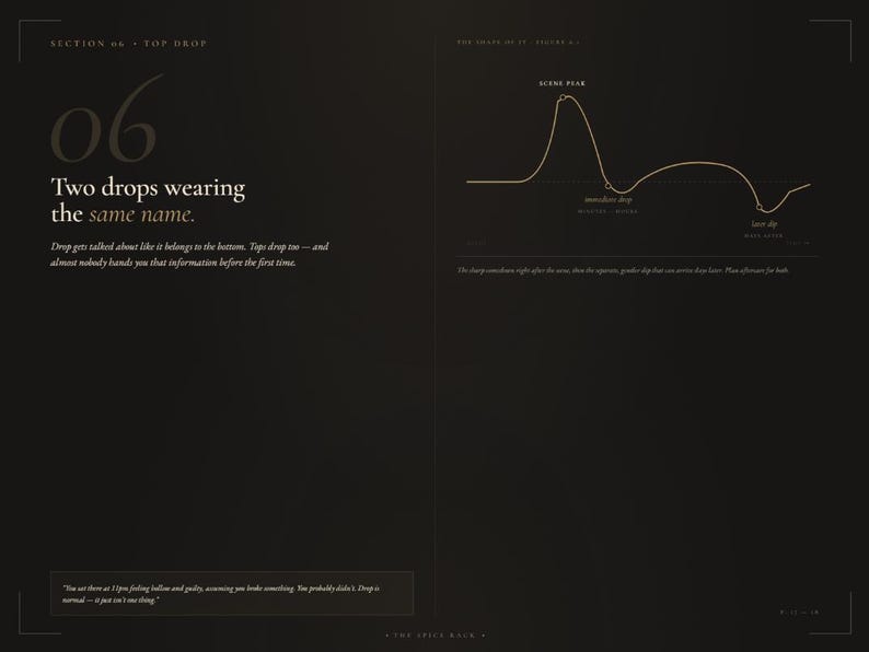 May include: A dark page titled Section 06 Top Drop featuring text about drops and a line graph showing a scene peak, a somewhat drop, and a later dip. The layout includes explanatory text and a quote box at the bottom on a black background.