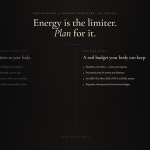 May include: A black informational graphic with white text that reads: For disabled & chronic kinksters - by design. Energy is the limiter. Plan for it. The standard advice says: Just listen to your body. This pack builds: A real budget your body can keep.