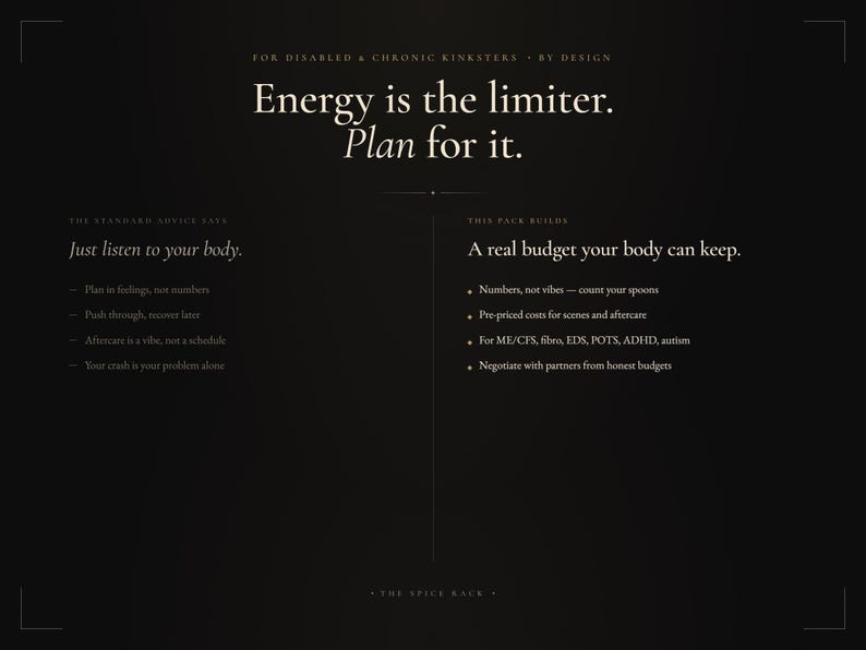 May include: A black informational graphic with white text that reads: For disabled & chronic kinksters - by design. Energy is the limiter. Plan for it. The standard advice says: Just listen to your body. This pack builds: A real budget your body can keep.