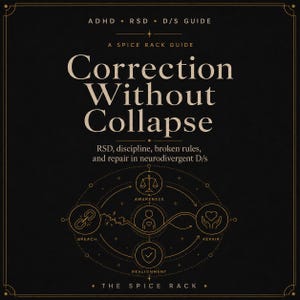 May include: A black informational guide titled Correction Without Collapse, featuring the subtitle RSD, discipline, broken rules, and repair in neurodivergent D/s. The graphic includes a circular diagram with icons for Awareness, Breach, Repair, and Realignment.