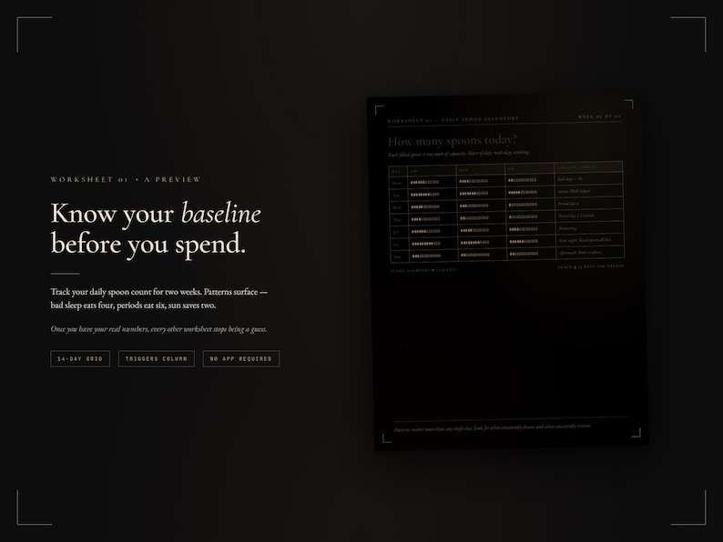 May include: A black worksheet titled "Know your baseline before you spend" with white text. It includes a table labeled "How many spoons today?" to track daily energy levels, along with buttons for "14-day grid," "triggers column," and "no app required."