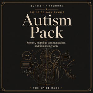 Könnte beinhalten: Eine schwarze digitale Grafik mit goldenen Linien und dem Text BUNDLE 4 PRODUCTS THE SPICE RACK BUNDLE Autism Pack Sensory mapping, communication, and unmasking tools. Die Abbildung zeigt eine menschliche Figur, die eine Maske hält.