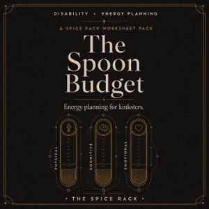 May include: A black worksheet pack titled The Spoon Budget with gold text and graphics. It features three vertical energy tracking bars labeled Physical, Cognitive, and Emotional, each with a corresponding icon of a person, brain, and heart.