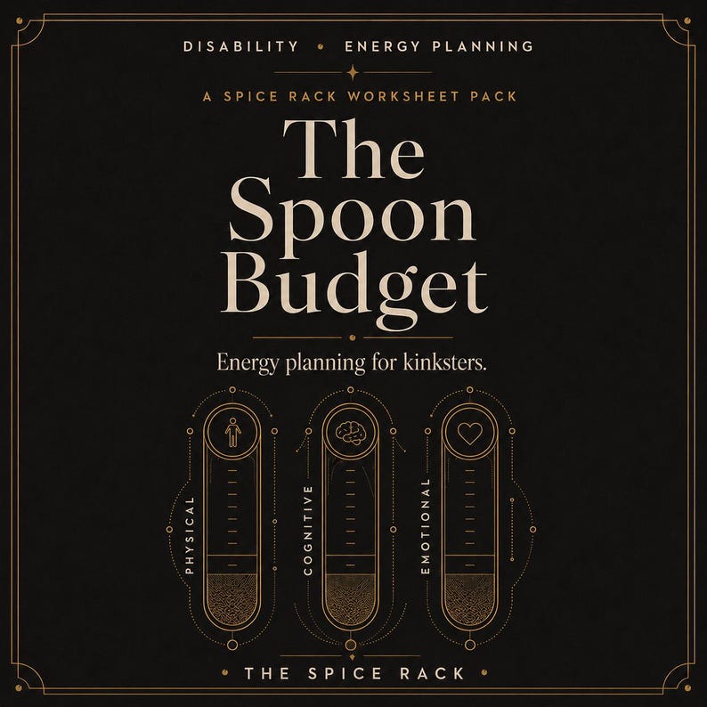 May include: A black worksheet pack titled The Spoon Budget with gold text and graphics. It features three vertical energy tracking bars labeled Physical, Cognitive, and Emotional, each with a corresponding icon of a person, brain, and heart.