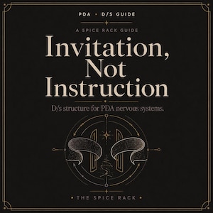 Puede incluir: Un gráfico cuadrado negro con borde dorado y texto que dice PDA D/S GUIDE, A SPICE RACK GUIDE, Invitation, Not Instruction, D/s structure for PDA nervous systems y THE SPICE RACK. Un emblema circular dorado central presenta dos estandartes.