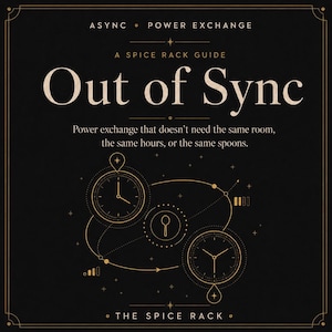 May include: A black square graphic with gold text and line art. The text reads: ASYNC POWER EXCHANGE, A SPICE RACK GUIDE, Out of Sync, and Power exchange that doesn't need the same room, the same hours, or the same spoons. Includes clock and spoon icons.