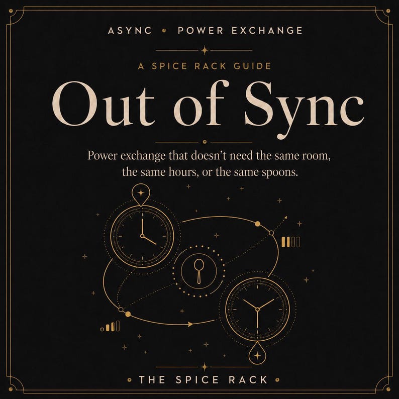 May include: A black square graphic with gold text and line art. The text reads: ASYNC POWER EXCHANGE, A SPICE RACK GUIDE, Out of Sync, and Power exchange that doesn't need the same room, the same hours, or the same spoons. Includes clock and spoon icons.