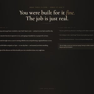 May include: A dark-themed informational graphic with white text titled Who This Is For - Who It Isn't. The main heading reads You were built for it fine. The job is just real. It lists five points for the reader and three points for those it is not for.