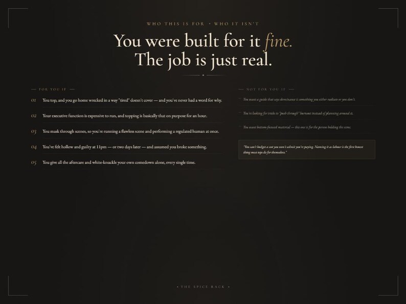 May include: A dark-themed informational graphic with white text titled Who This Is For - Who It Isn't. The main heading reads You were built for it fine. The job is just real. It lists five points for the reader and three points for those it is not for.