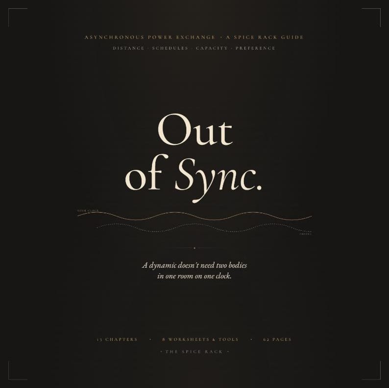 May include: A dark brown book cover titled Out of Sync. A Spice Rack Guide. Subtitles include Asynchronous Power Exchange, Distance, Schedules, Capacity, Preference. It features a wavy line, the text A dynamic doesn't need two bodies in one room on one clock, 13 chapters, 8 worksheets & tools, and 62 pages.