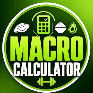 May include: A circular graphic with a dark green background and a white border. The words "MACRO CALCULATOR" are in large, bright green letters. Icons of food and a calculator are at the top, and dumbbells are at the bottom.