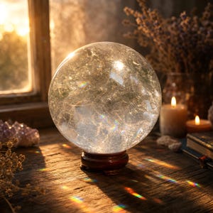 Clear Quartz Crystal Ball Divination Sphere – Scrying Orb, Meditation Crystal Gift for Her, Spiritual Home Decor