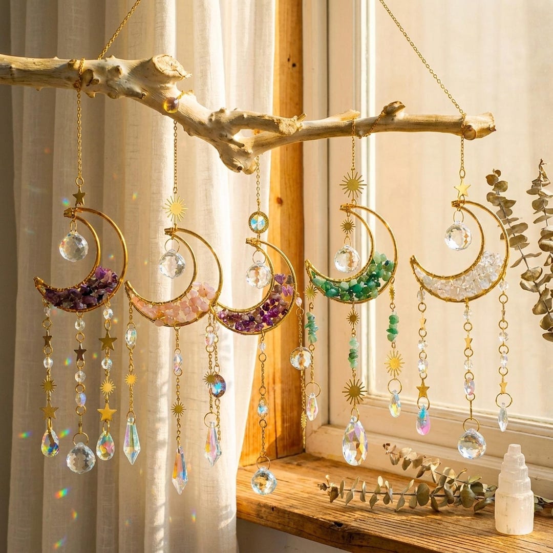 Moon Crystal Suncatcher Set – Amethyst Rose Quartz Prism Rainbow Maker ...