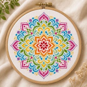 May include: A colorful cross-stitch mandala design in a wooden embroidery hoop. The mandala features a symmetrical pattern with vibrant hues of red, orange, yellow, green, blue, and purple. The design is centered on a white fabric.