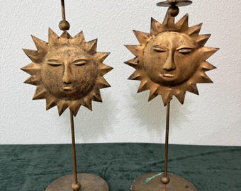 Vintage Sun Face Candlestick Holders Set of 2 – Celestial Boho Decor – Mid Century Sunburst Candle Holders – Taper Candle Sticks