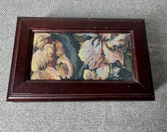 Vintage Floral Tapestry Jewelry Box Wooden Mirror Lid Ring Storage Chest