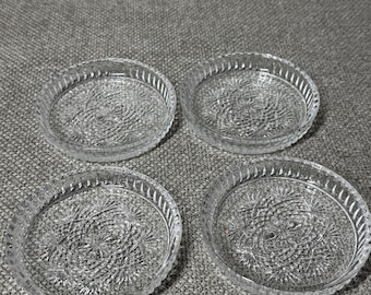Vintage Pressed Glass Coasters Set of 4 Starburst Dessert Plates Mid Century Barware