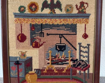 Vintage Framed Needlepoint Welcome Fireplace Scene Folk Art Wall Hanging Rustic Decor