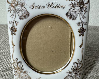 Vintage Golden Wedding Anniversary Milk Glass Picture Frame Gold Bells Floral Decor