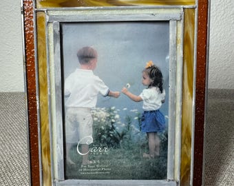 Vintage Carr Stained Glass Picture Frame Amber Cream Art Glass 4x6 Desktop Frame