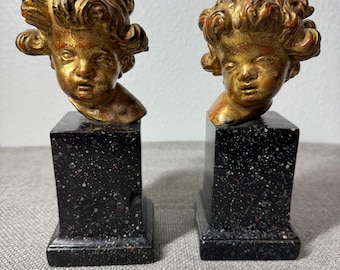 Vintage Cherub Bookends Gold Gilt Hollywood Regency Busts Black Speckled Marble Look Pair