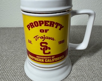 Vintage USC Trojans Ceramic Beer Stein Mug Red Yellow University of Southern California