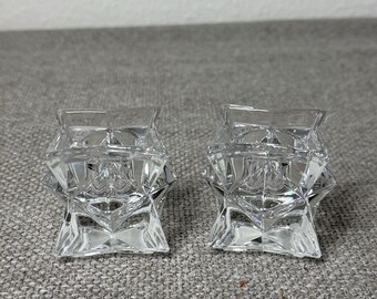 Vintage 24% Lead Crystal Candlestick Holders Pair Geometric Modernist Glass Made in USA