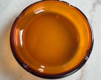 Vintage Amber Glass Ashtray Large Round Mid Century Retro