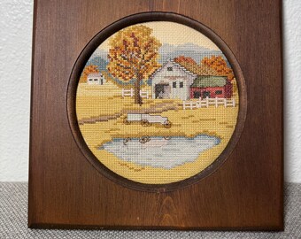 Vintage Framed Cross Stitch Farm Landscape Wall Art Rustic Country Cottage Decor