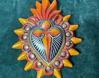Hand Painted Sacred Heart Cross Wall Plaque Mexican Folk Art Religious Decor