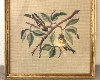 Vintage Framed Bird Needlepoint Wall Art Gold Frame Woodland Birds Needlework Decor