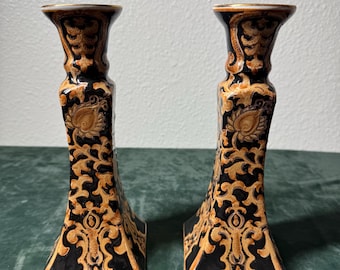 Vintage Black Gold Baroque Candlestick Holders Pair Hollywood Regency Ceramic Decor