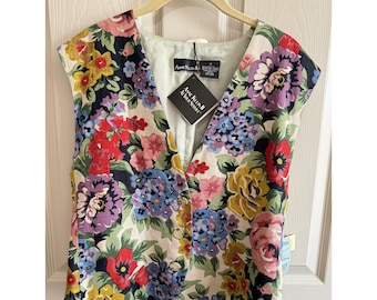 Vintage Anne Klein Vest Womens 10P Multicolor Floral Linen Button Front Cottage 90s