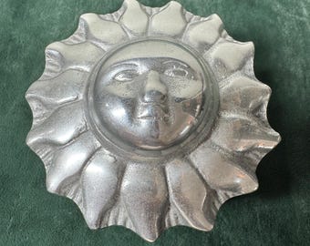 Vintage Pewter Sun Face Trinket Box Handmade Mexican Celestial Decor