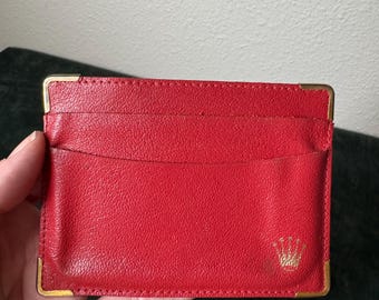 Vintage Rolex Red Leather Card Holder Wallet Swiss Genève Gold Corner Business Card Case
