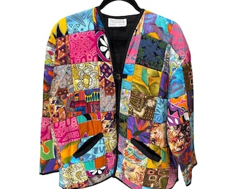 Passports Pier 1 Quilted Jacket Women XL Multicolor Patchwork Boho Art to Wear