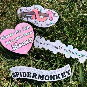 Pode incluir: Quatro adesivos holográficos com texto: um coração rosa com Where the hell have you been Loca?, um verme num galho com Bella Look It's A Worm, um adesivo branco com As if you could outrun me e um com YOU BETTER HOLD ON TIGHT SPIDERMONKEY.