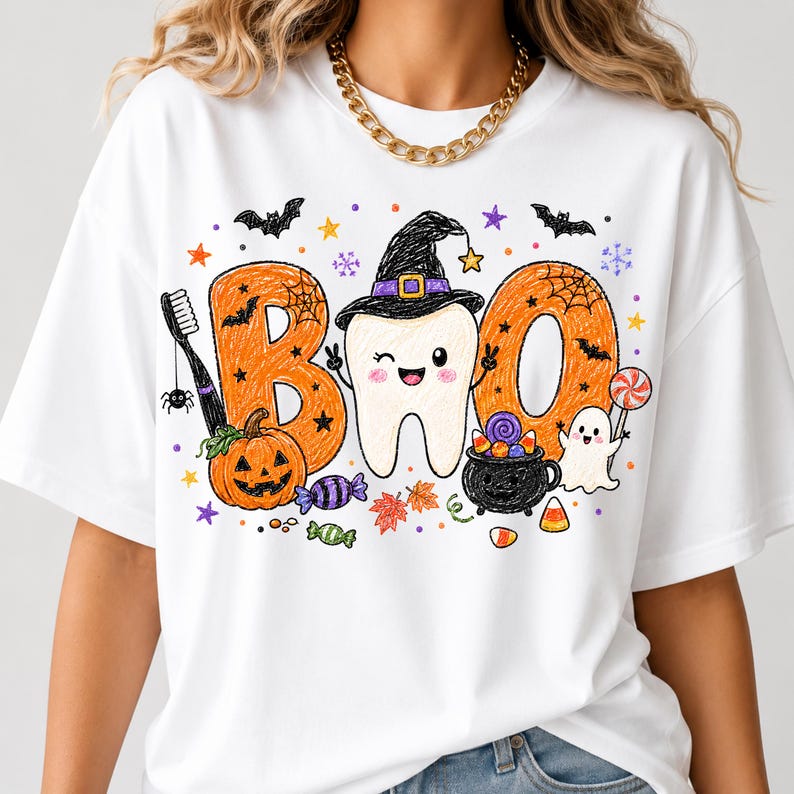 K&ouml;nnte beinhalten: Ein wei&szlig;es T-Shirt mit einem Grafikdruck des Wortes BOO, bei dem der Buchstabe B orange ist, der Buchstabe O durch einen zwinkernden Zahn mit Hexenhut ersetzt wird und das letzte O orange ist. Enth&auml;lt eine Zahnb&uuml;rste, K&uuml;rbis, Geist und S&uuml;&szlig;igkeiten.